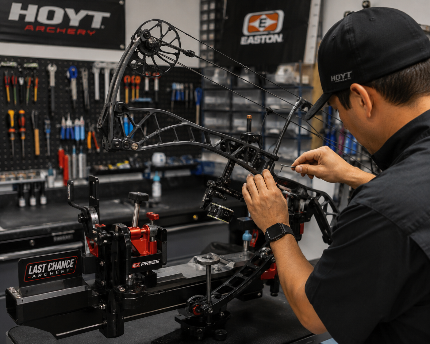 A compound bow freshly set up on the workbench, ready for tuning